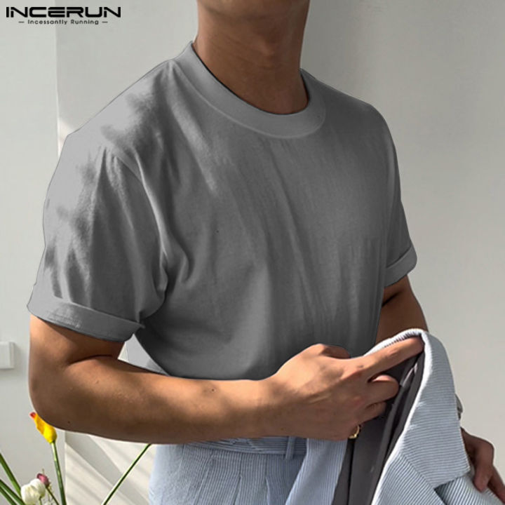 เสื้อยืดเสื้อยืดคอกลมธรรมดาลำลองสำหรับผู้ชายแขนสั้น-incerun-ลดล้างสต๊อก
