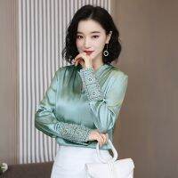 ☫ Korean Silk Women Shirts Women Satin Blouse Shirt Elegant Woman Long Sleeve Embroidery Blouses Green Womens Tops and Blouses