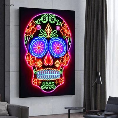 Neon Wall Art Skull Head โปสเตอร์ Day Of The Dead ผ้าใบพิมพ์ภาพวาด Pop Street Wall Art รูปภาพสำหรับ Home Bar Room Decor New