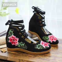 Veowalk แฮนด์เมดวินเทจปั๊มซ่อนลิ่มส้นผู้หญิงผ้าฝ้ายปักรองเท้าผ้าใบกลางด้านบนสายรัดข้อเท้าปั๊มสบายๆ