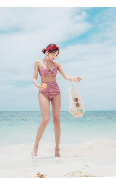 fashionjeans-ชุดว่ายน้ำหญิง-ทูพีช-เอวสูง-ลายสก๊อตสีแดง-น่ารัก-เซ็กซี่-sexy-bikini-two-pieces-ym1831