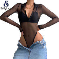 1 95% Polyester 5% Spandex New See-through Mesh Sexy Top Zipper Splicing Design Long-sleeved Jumpsuit【fast】