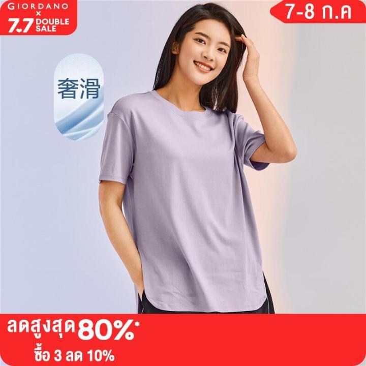 giordano-women-t-shirts-curved-hem-solid-color-fashion-long-tee-summer-short-sleeve-crewneck-cotton-casual-tshirts-05323386