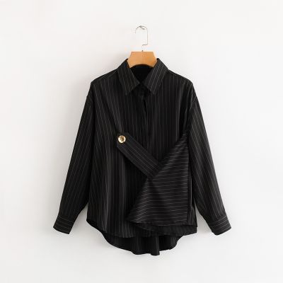 47 dn7-7125-2022 the spring and autumn period and the new Europe and the United States womens lazy wind lapel button a grain of gold striped shirt female