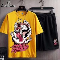 Lansboter ชุดสูทเสื้อยืดแขนสั้นสำหรับผู้ชาย,ชุดสูททรงหลวมบางลำลองสำหรับภาพเสือ