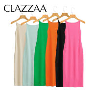 Clazzaa ผู้หญิงแฟชั่นถัก Solid Midi Camisole ชุดสายรัดบางรอบคอ Chic Elegant หญิง Casual Vintage Temperment ยาว Slip Dress9644