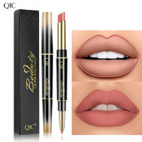 QIC 2 IN 1 Matte ลิปสติกดินสอเขียนขอบปากดินสอเรียบเพื่อสวมใส่ง่ายกันน้ำยาวนานให้ความชุ่มชื้นลิปกลอสเซ็กซี่ลิปเคลือบริมฝีปากปากกาเครื่องมือแต่งหน้าริมฝีปาก