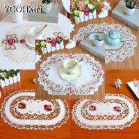 【CC】 oval rose flower embroidery place mat pad cloth cup dish tea coffee coaster wedding placemat doily kitchen