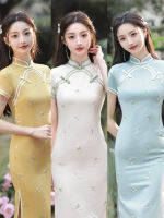 อารมณ์เย็บปักถักร้อยผ้าฝ้ายผ้าลินิน Cheongsam เด็กสาวแยกสไตล์จีน Qipao ชุดราตรีสำหรับผู้หญิง