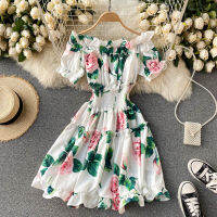 Menahem 2021 Summer Bohemian Boho Floral Short Dress Women Off The Shoulder Puff Sleeve Ruffles Elastic Waist Mermaid Dress