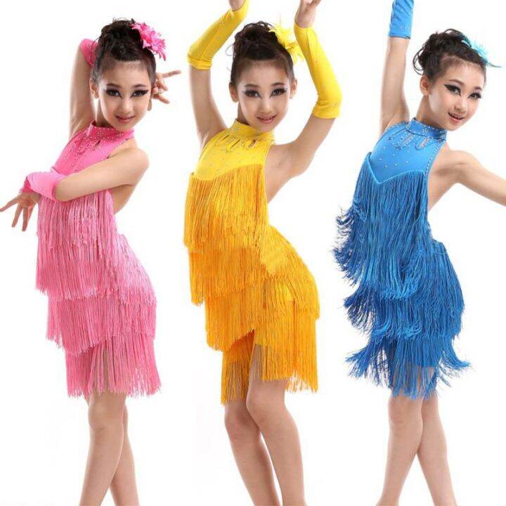 Girls' Solid Tassel Dance Dress Latin Salsa Dance Wear Party Costume