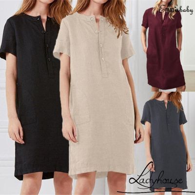 ✦LD-Women´s Short Sleeve Buttoned Cotton Linen Dress Casual Midi Dresses