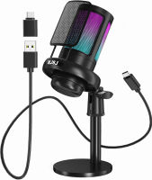 NJSJ USB Microphone for PC, Gaming Mic for PS4/ PS5/ Mac/Phone,Condenser Microphone with Touch Mute,Brilliant RGB Lighting,Gain knob &amp; Monitoring Jack for Streaming,Podcasting (Black)