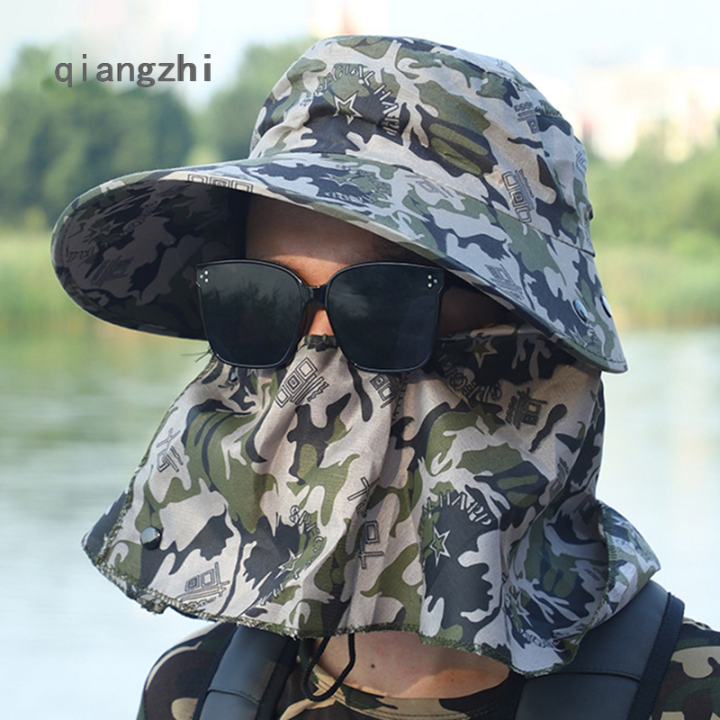 QZH Summer Camouflage Fishing Hats Large Brim Sun Cap For Women Men