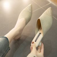 sandals-net celebrity flying stretch thin and temperament semi-slipper women s outer wear pointed thick heel all-match Baotou fashion sandals slippers