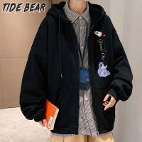 TIDE BEAR เสื้อฮู้ดคาร์ดิแกนซิปรูดสีทึบของผู้ชายเสื้อกีฬาผ้าฝ้ายเสื้อฮู้ดแบบหลวมเสื้อโค๊ตแนวสปอร์ต