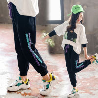 New Spring Sport Pants Cotton Teenage School Girls Trousers with Belt Letter Print Loose Pant for Big Girls Fashion Sportwear