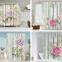 Baltan HOME LY1 Blue Gray Wooden Red Rose Peony Background Shower Curtain Bathroom Curtain Curtain Nostalgic Perforation-Free Direct Sales