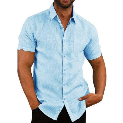 Cotton Linen Hot Sale Mens Short-Sleeved Shirts Summer Solid Color Turn-down collar Casual Beach Style Plus Size