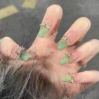 [COD] Fashion light luxury nail piece fresh green diamond bow patch long fake finished product