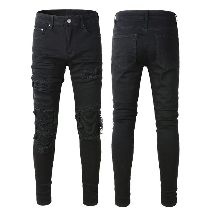 สำหรับบุรุษแบบใหม่-a569-tampal-ctertekan-ฉีกแผ่นปิดซี่โครงกลวงบางผ้ายืด-dibasuh-jeans-saiz-seluar-hitam-28-40