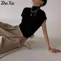 Zhu Xia เสื้อยืดถักทรงหลวมสำหรับผู้หญิง,เสื้อยืดถักทรงสูงครึ่งคอ