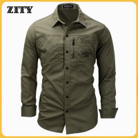 ZITY เสื้อยุทธวิธีของผู้ชายฤดูใบไม้ผลิและฤดูใบไม้ร่วงคอแขนยาวกระเป๋าซิป เสื้อลำลองของผู้ชายคุณภาพสูง