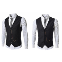 FGKKS  New Mens Fashion Vest Suit Fit Solid Color Metal Chain Waistcoat Groomsmen Handsome Business Casual Suit Vest Male