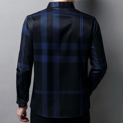 New High Quality Men Shirts Slim Fit Silk Dress Shirt Spring Long Sleeve Casual Plaid Shirts Camisa Masculina C728