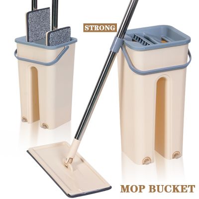 Flat Floor Mop Bucket Set Floor Cleaning Hand Free Squeeze Mop Floor Bucket Stainless-Steel Handle Floor Reusable Microfiber Rag