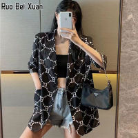 Ruo Bei Xuan เสื้อสูทเบลเซอร์ของผู้หญิง,แจ็กเก็ตแขนสั้นลายสก็อตทรงหลวมแบบลำลอง