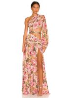 【YF】 Summer Floral Print One Shoulder Maxi Dress Sexy Diagonal Neck Long Sleeve Hollow Out Chain Split Evening Party