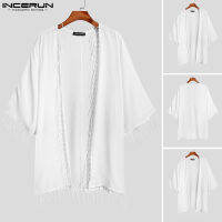 Beehoo INCERUN Mens Longline Shiny Jackets Tassels Cardigan Kimonos (สไตล์ตะวันตก)