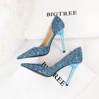 Luxury Sequined High Heels Wedding Women Pumps Gold Silver Ladies Heeled Shoes Bling Stilettos Evening Party Shoes Blue 7/10cm