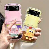 เคสโทรศัพท์มีที่ยึดการ์ตูน SpongeBob 3มิติสำหรับ Samsung Galaxy Z Flip 4 3 5 Z ฝาครอบกันกระแทกเป็นลอนแบบ Flip5 ZFlip5นิ่มพร้อมสายรัดข้อมือ