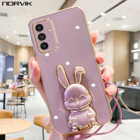 NORVIK เคสมือถือชุบโลหะหรูหราสีม่วงพร้อมที่ยึดกระต่ายนำโชค,A24สายคล้องสำหรับ Samsung Galaxy S23 S23 A34 A54 A53 + A14 A04 A13 A04S A22 M53 M33 A33 S22 A03 A52S FE LTE Plus Ultra 4G 5G n1-2ฝาครอบเคส