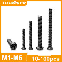 JUIDINTO 10-100Pcs Cross Pan หัวกลมเครื่องสกรู M1 M1.2 M1.7 M2 M2.5 M4 M5 M6สีดำชุบ Phillips สกรูคอมพิวเตอร์