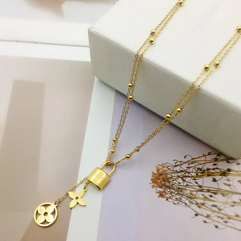Fashion Elegant Lock Tassel Four Leaf Clover Stainless Steel Necklace For  Women Girl Double Layer Chin Letter LOVE Pendant Clavicle Choker Simple  Trendy Jewelry Accessories Not Fade Lucky Nice Gift