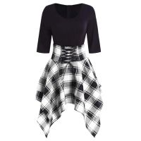 Womens Dresses Punk Gothic Plaid Patchwork Lace Up Dress Short Sleeve Irregular Dress Summer Feminina Vestidos Mujer Oversize