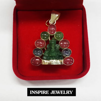 Inspire Jewelry จี้พระพิฒเนศสลักจากพลอยพม่าแท้ ทับทิมแท้ นิหร่า โมรา แท้ทุกเม็ด ตัวเรือนขึ้นเงินแท้  งานมือ