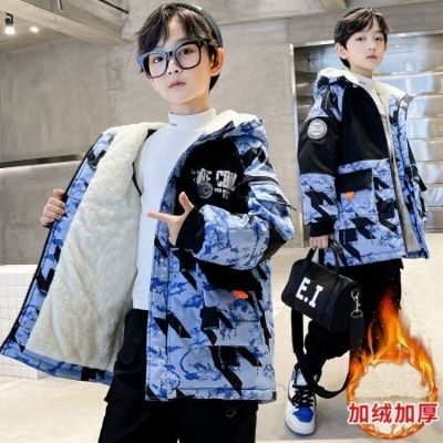 2023 New 4-14 Years Very Keep Warm Winter Boys Jacket Teenager Mid-Length Plus Velvet Thickening Hooded Cotton Coat For Kids