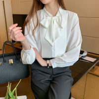 Spring Womens Korean Style Solid Chiffon Shirts Bow Collar Long Sleeve All-match Elegant Casual Office Tops Lady 2021 T16602X