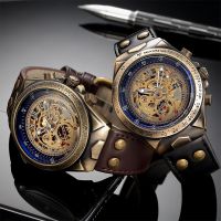 （A Decent035）Vintage Mechanical AutomaticMen Steampunk Skeleton Self Winding WatchLeather Wristwatch Male Clock Montre Homme