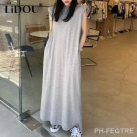 【LZ】❐卐  Vestido feminino monocromático sem mangas vestido maxi sem costas oco para fora almofada de ombro saia reta estilo coreano novo verão