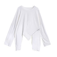 [EAM] Women White Irregular Hem Oversized Casual T-shirt New Round Neck Long Sleeve Fashion Tide Spring Autumn  1DE1071