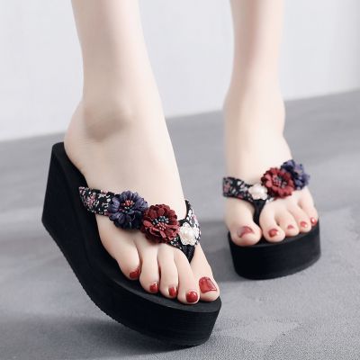 Wholesale beach slippers out female summer fashion outside wear wedges sweet pinch increased leisure beach flip-flops shoes