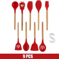 QTCF-Cooking Tools Silicone Utensils Set Turner Tongs Soup Spoon Brush Non-stick Shovel Oil Spatula Kitchen Tool Set Red