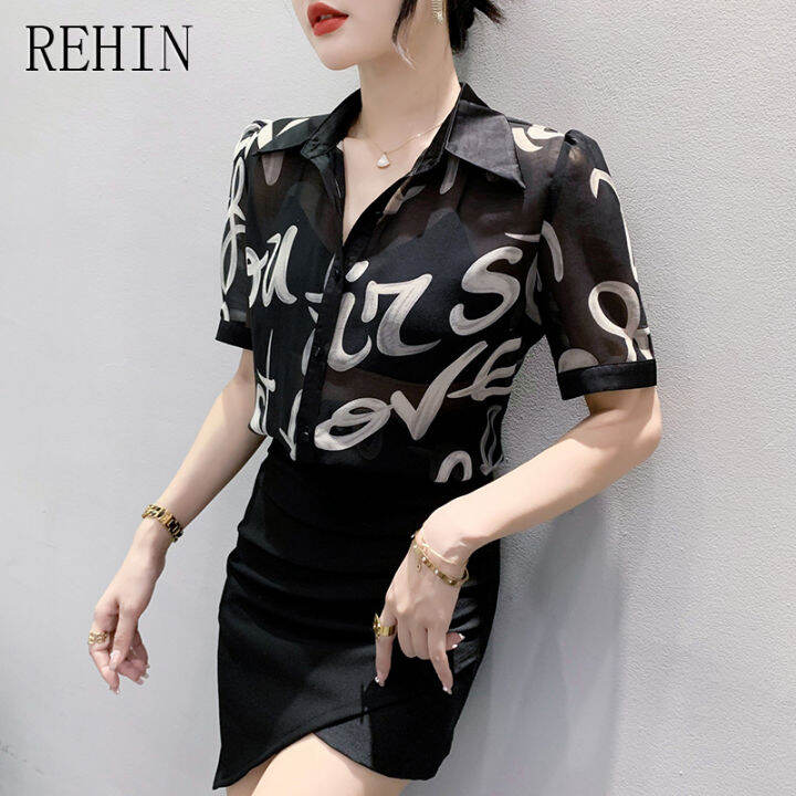 rehin-เสื้อผู้หญิงแขนสั้น-เสื้อหลวมเสื้อหรูหราพิมพ์ลายตัวอักษรดีไซน์สไตล์เกาหลีแบบใหม่ฤดูร้อน