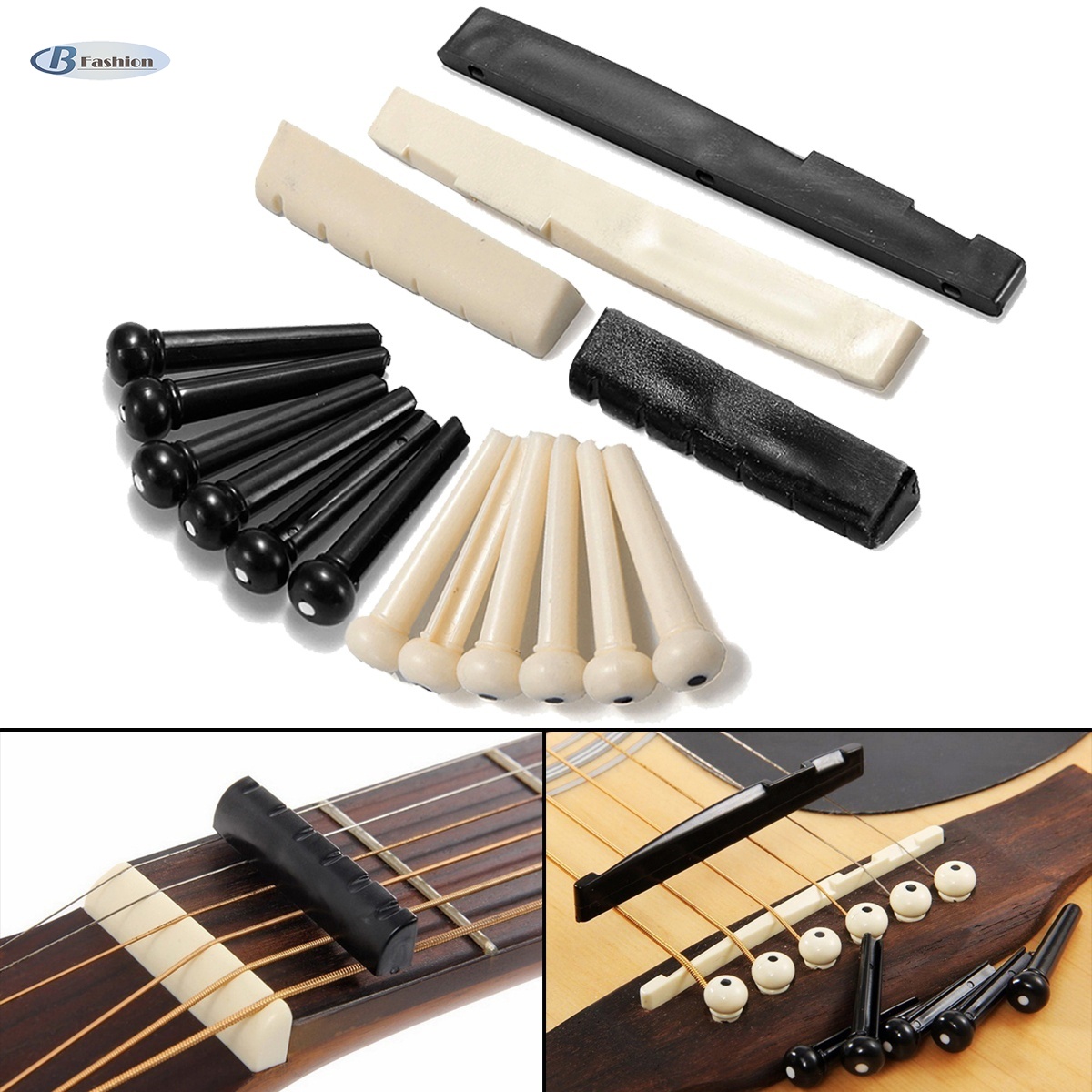 DISENS 6 String Acoustic Guitar Bridge Wood Bone Bridge Nut and Saddle Ebony Guitar Bridge Pins 6pcs 