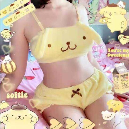 Women Kawaii Anime Plush Pajamas Set Sweet Bunny Ears Velvet Tube